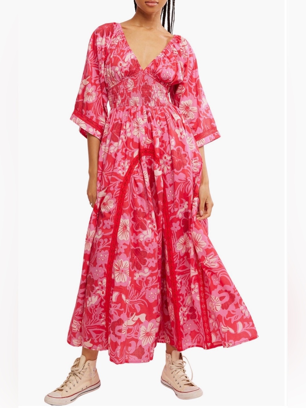Free People Printed Smocked Waist Maxi Dress 💯 Cotton NWT